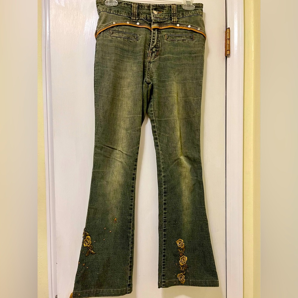 Vintage Y2K Flare Embroidered Floral Rose Faux Leather 100% Cotton Jeans size 30
